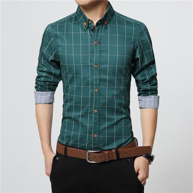 Solid Plaid Long-Sleeved Cotton Shirts