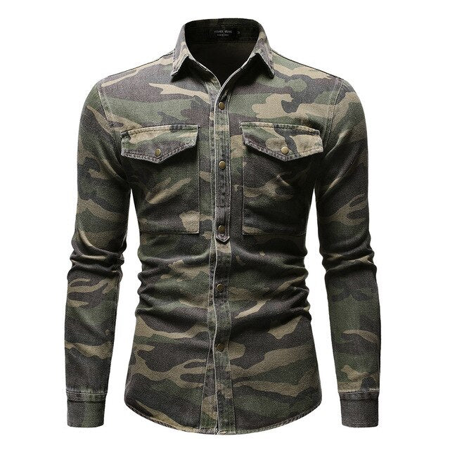 Military Pattern Men Denim Shirt