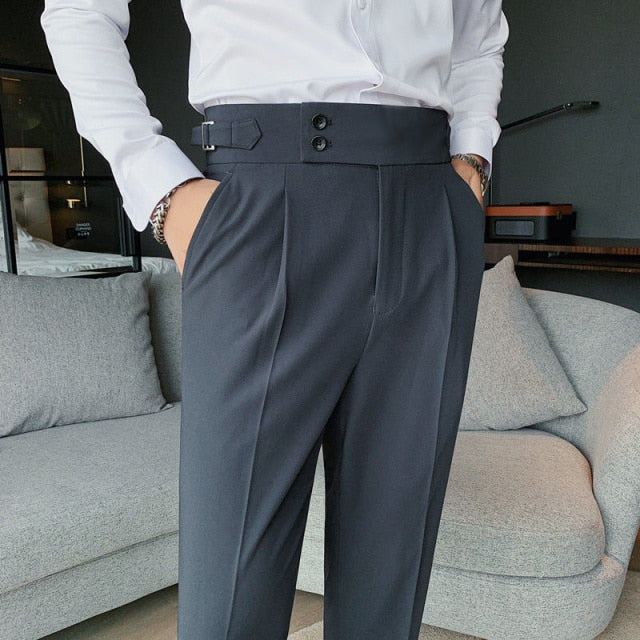 Solid Color Twin Buttons Stomach Bandage Style Trouser