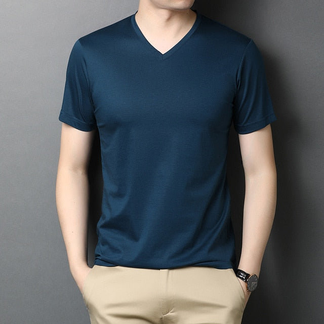 Solid V-Neck Smooth Cotton T-Shirt
