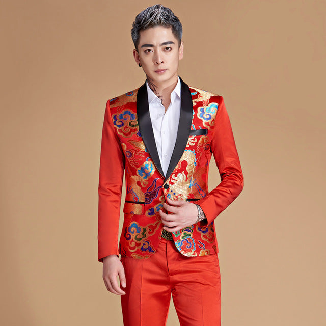 Shawl Lapel Bright Chinese Style Pattern Men Blazer