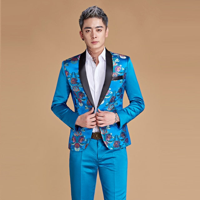 Shawl Lapel Bright Chinese Style Pattern Men Blazer