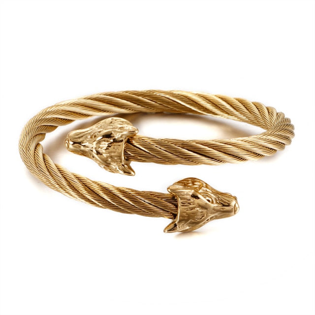 Punk Animal Double Wolf Heads Bangles Bracelets