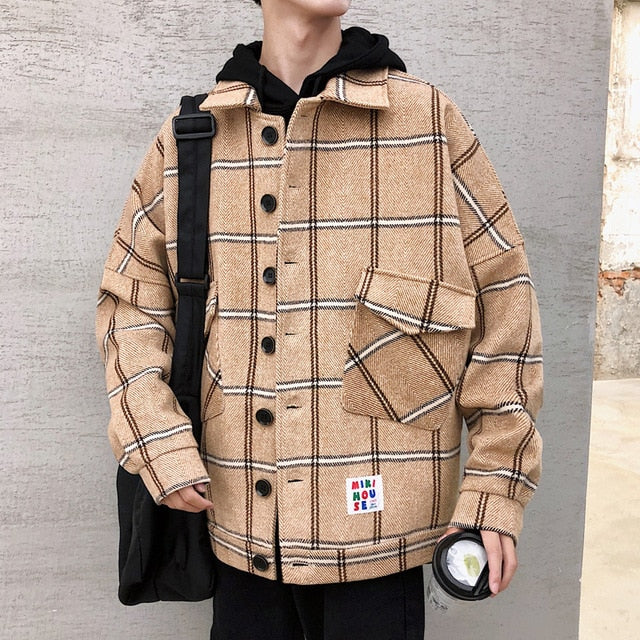 Men Plaid Combination Oversized Jacket with Pockets