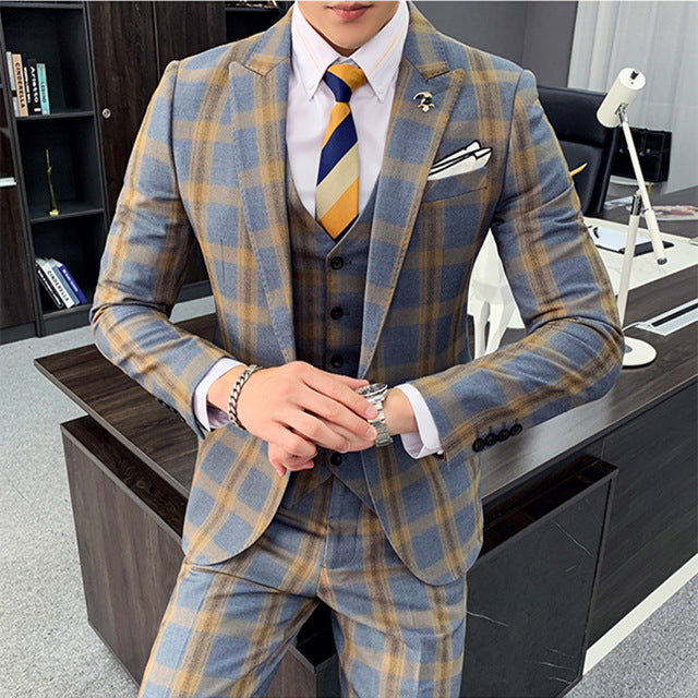 Khaki Gray Plaid Classic Slim Fit Formal Style Men Suits