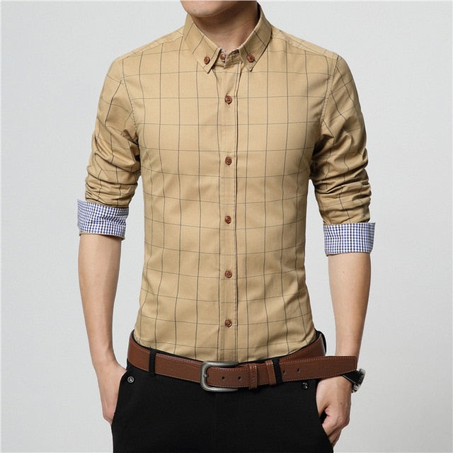Solid Plaid Long-Sleeved Cotton Shirts
