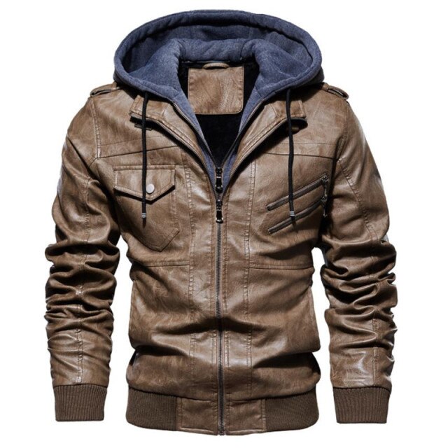 PU Leather Solid Color Zipper Closure Hoodie