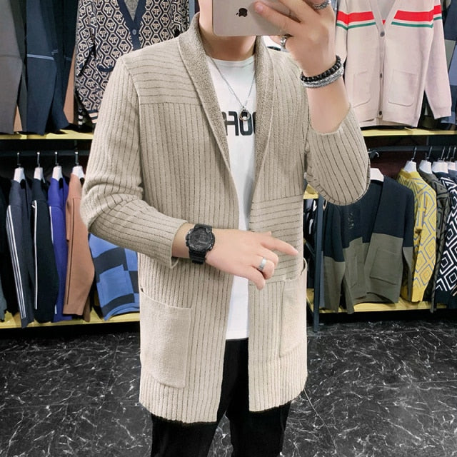 Stripes Knitting Decorated Long Windbreaker Cardigan