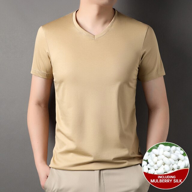 Mulberry Silk Solid V-Neck Smooth T-Shirt