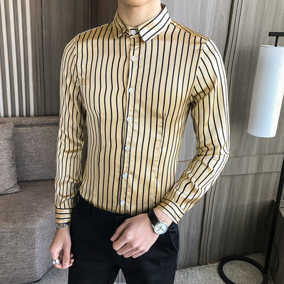 Striped Khaki White Long Sleeve Style Men Slim Fit Shirts