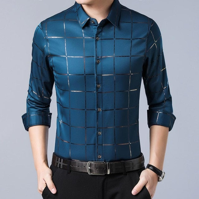 Casual Spring Luxury Plaid Long Sleeve Slim Fit Men Shirt