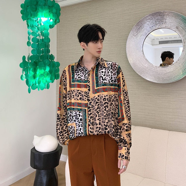 Leopard Mixed Print Colorful Men Long Sleeve Shirt