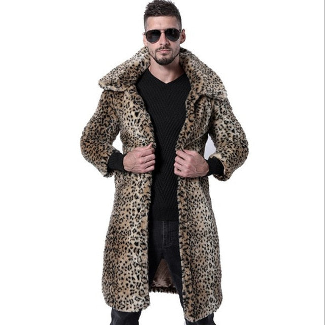 Warm Leopard Long Faux Fur Stylish Men Coat