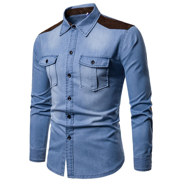 Lined Shoulder Long-Sleeved Denim Shirt