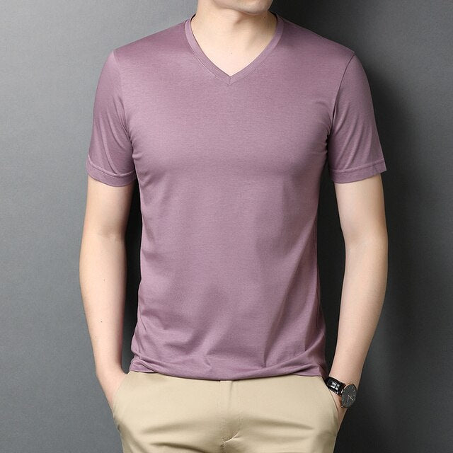 Solid V-Neck Smooth Cotton T-Shirt