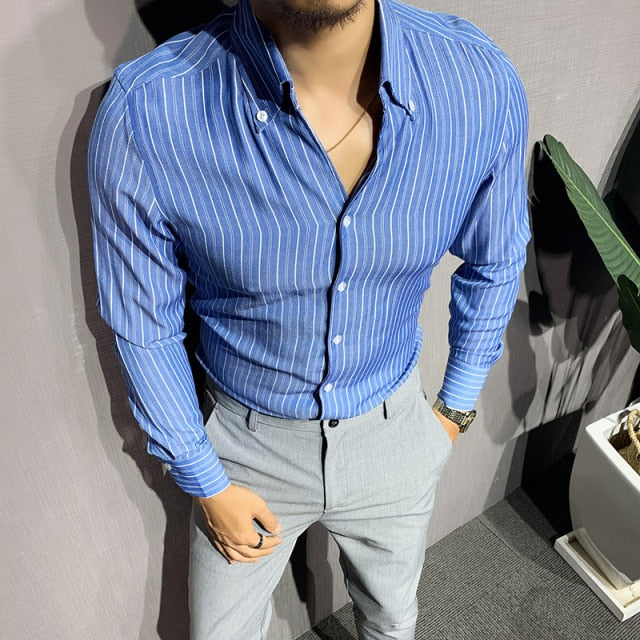 Vertical Stripes Azure Blue V Neck Shirt