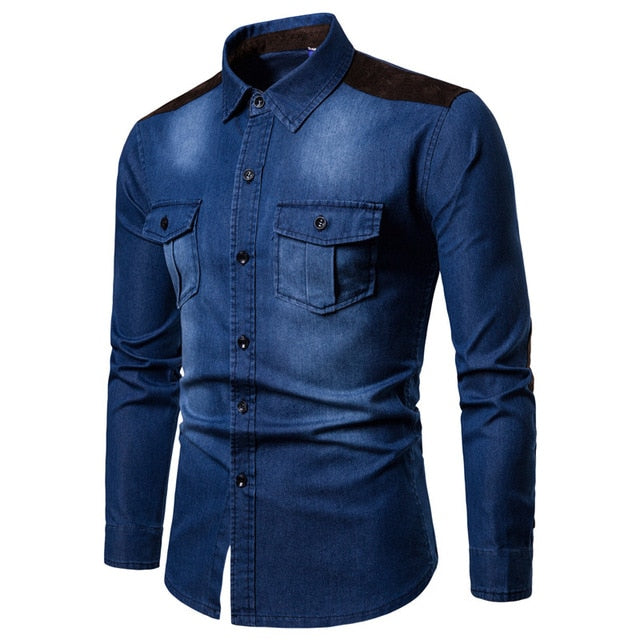 Lined Shoulder Long-Sleeved Denim Shirt