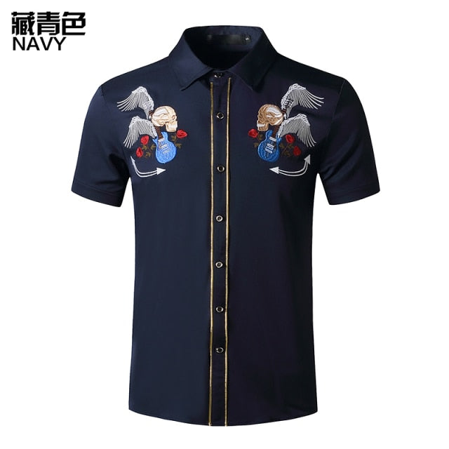 Skulls With Wings Embroidery Decorated Shirt