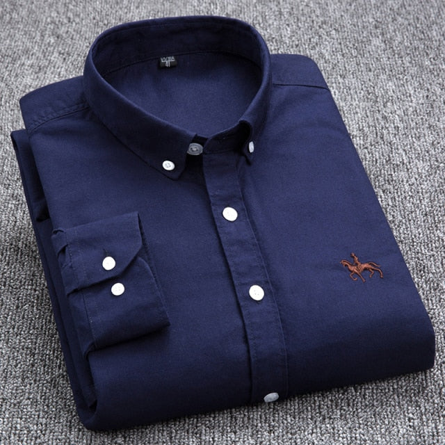 Embroidery Horse Pocket Solid Turn-Down Collar Shirt