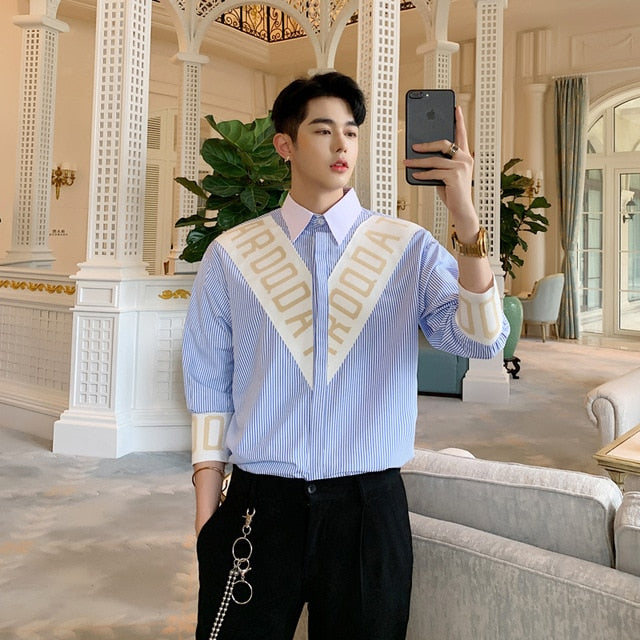 Blue Striped Casual Three Quarter Sleeve Men Shirts