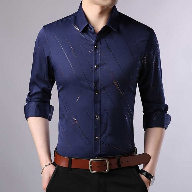 Elegant Seamless Gold Diagonal Lining Long Sleeve Shirt