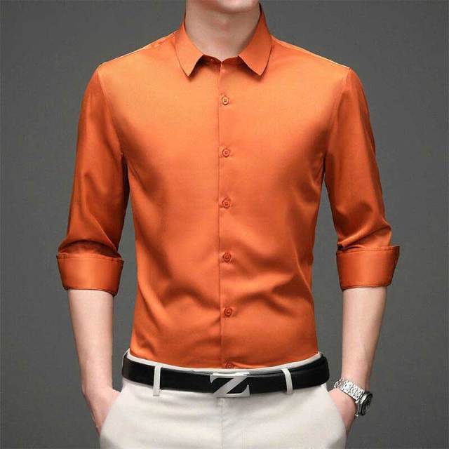 Solid Polyester Turn-Down Collar Men's Shirt