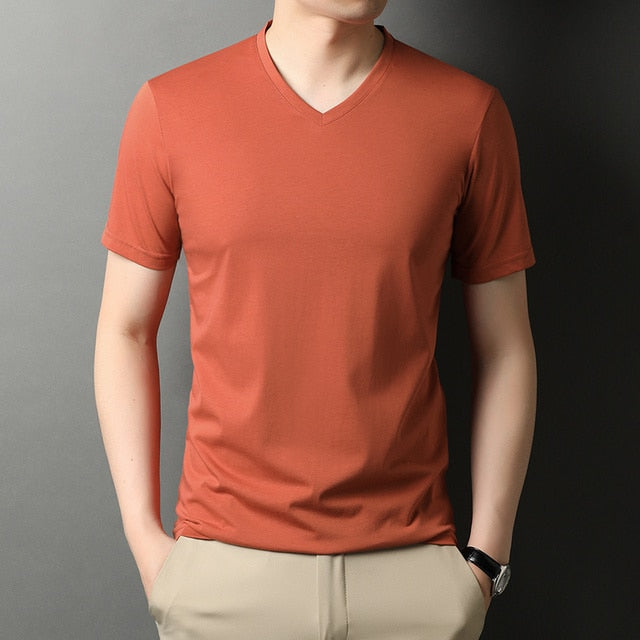 Solid V-Neck Smooth Cotton T-Shirt
