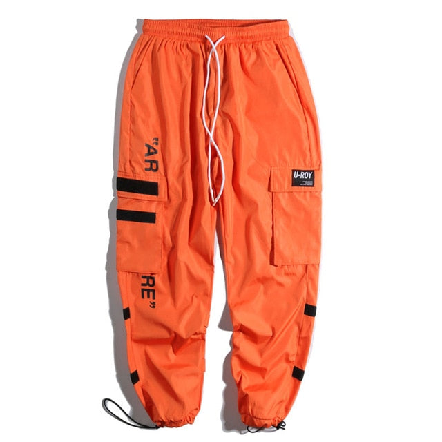 Orange Side Pockets Cargo Hip Hop Casual Men Streetwear Pants