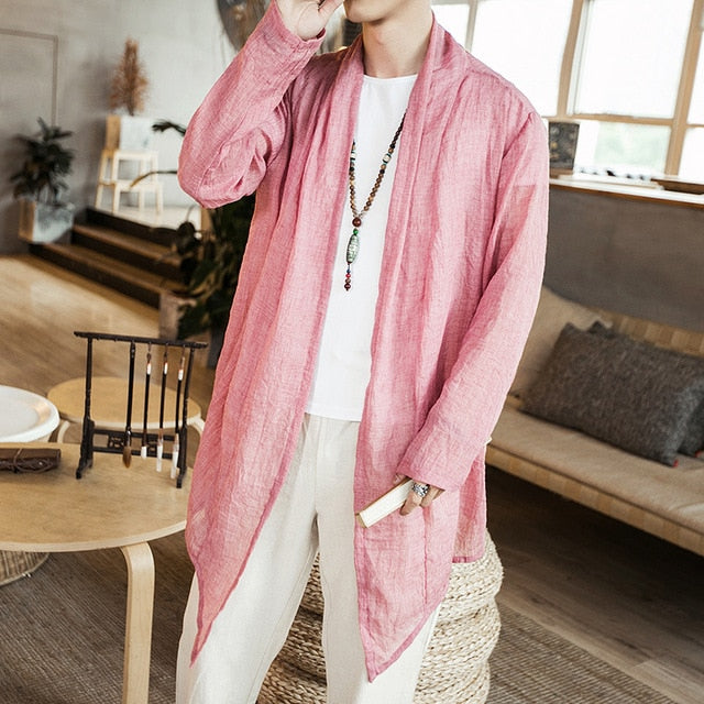 Cotton Linen Open Stitch Long Sleeve Summer Style Men Outer Shirts