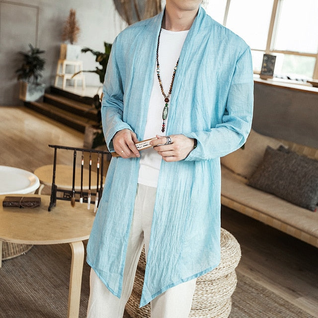 Cotton Linen Open Stitch Long Sleeve Summer Style Men Outer Shirts