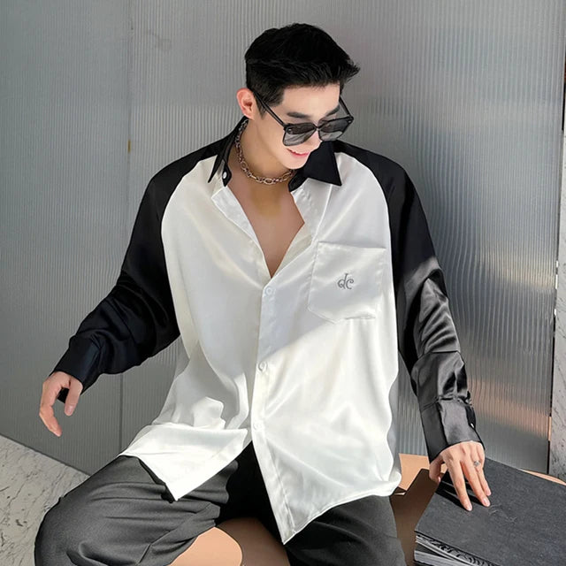 Contrast Color Spliced Pocket Embroidery Shirt