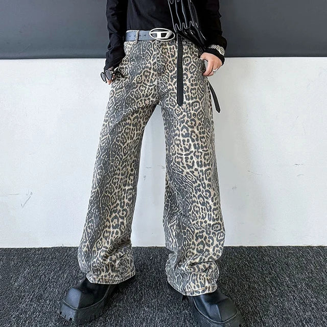 Leopard Pattern Mid-Waist Loose Jeans