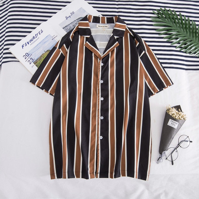 Summer Stripe Print Casual Short Sleeve Style Men Shirt