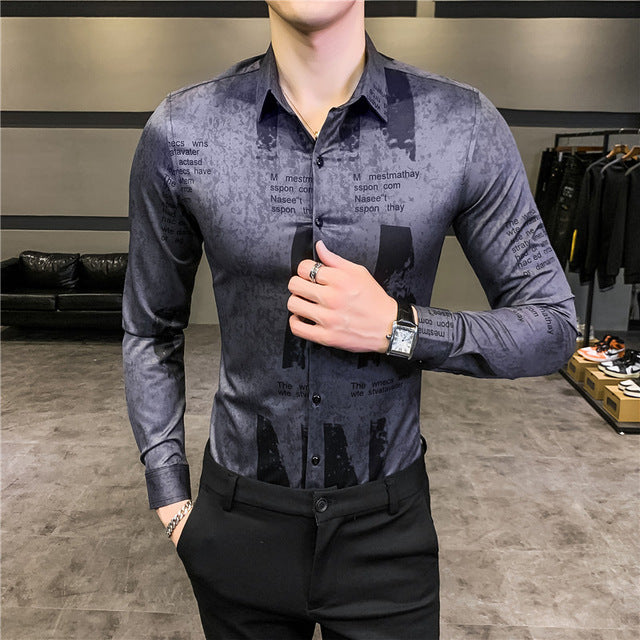 Letter Print Slim Fit Long Sleeve Casual Office Wear Style Men Shirts