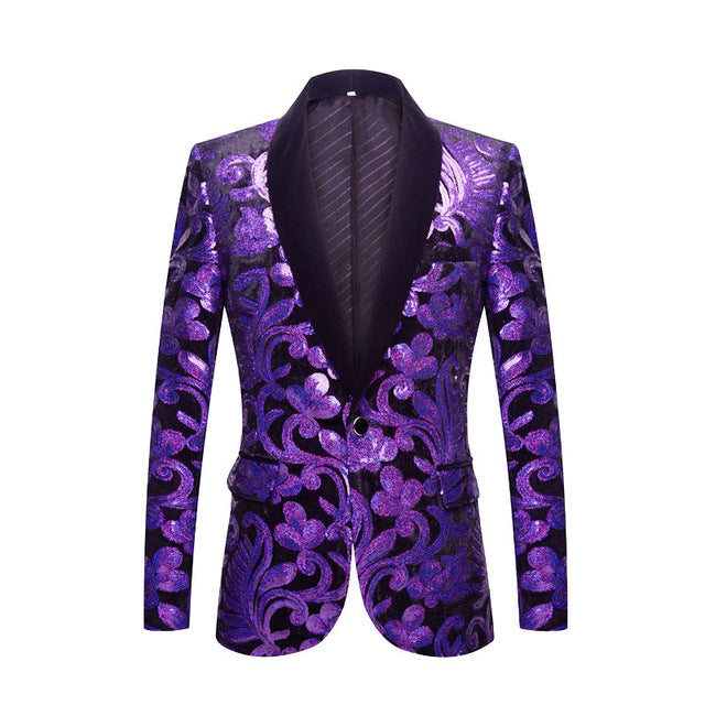 Shawl Lapel Velvet Gold Flowers Sequins Stage Singer Clothes Men Blazer