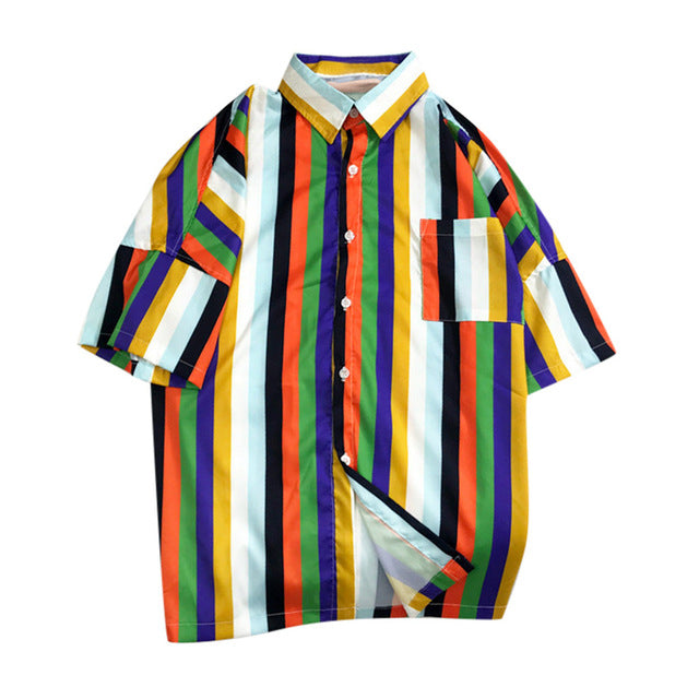 Casual Summer Multicolour Striped Beach Loose Style Men Shirts