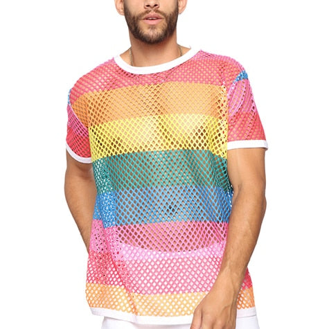 Rainbow Mesh See Through Fishnet Short Sleeves Style Men T-Shirt