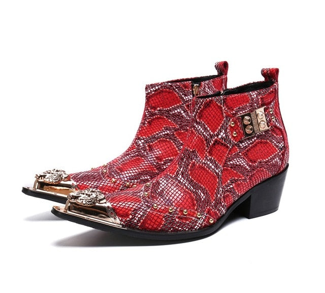 Snake Patterned Metal Toe Men Boots with Buckles