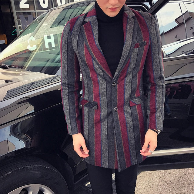 Vintage Long Woolen Striped Dual Tones Men Blazer