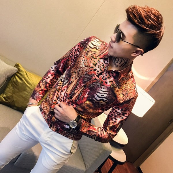 Casual Summer Thin Long Sleeve Leopard Print Men Shirt