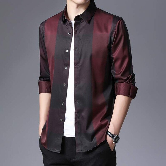 Square Plaid Color Combination Long Sleeve Men Shirt