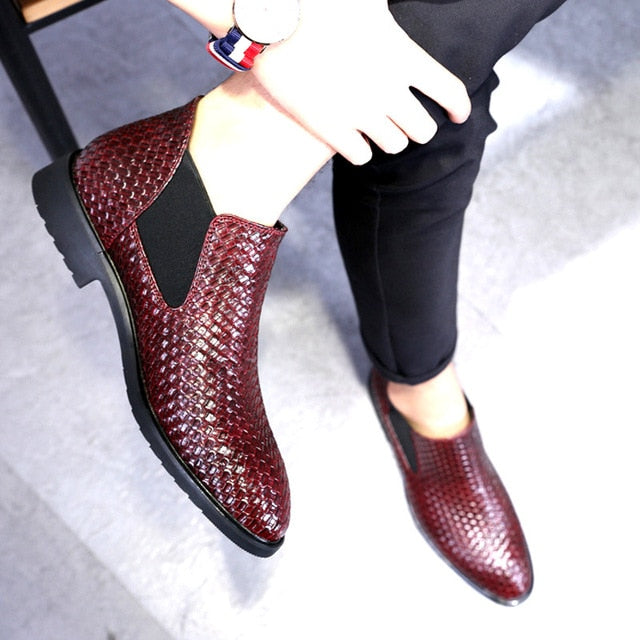 Solid Classic Hand Woven Textured Pattern Style Men Chelsea Boots