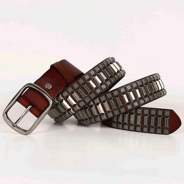 Geometric Metal Studded Genuine Leather Belt
