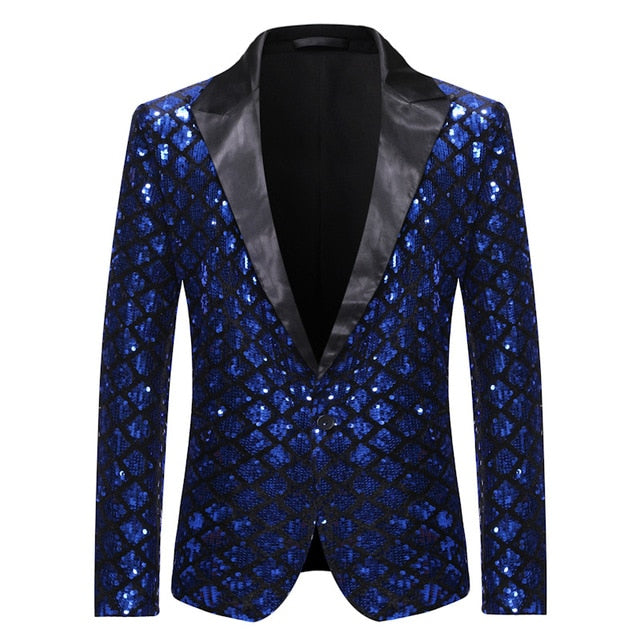 Satin Lapel Sequined Men Fancy Buttoned Blazer