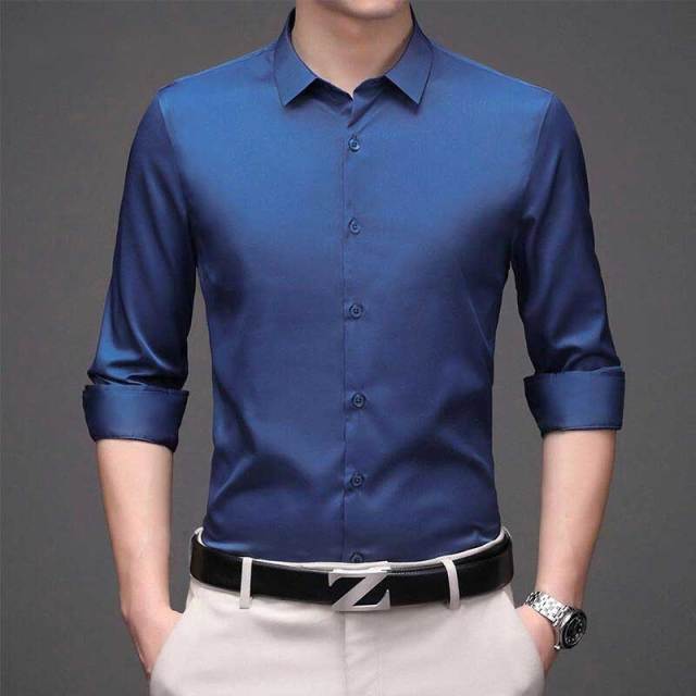 Solid Polyester Turn-Down Collar Men's Shirt