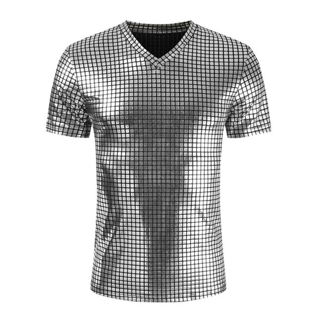 Metallic Plaid Pattern Nightclub Short Sleeve T-Shirt