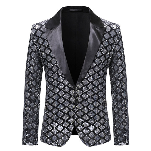 Satin Lapel Sequined Men Fancy Buttoned Blazer