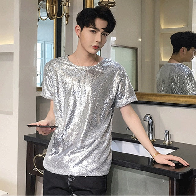 Full Metallic Sequins Men Short Sleeve T-shirt