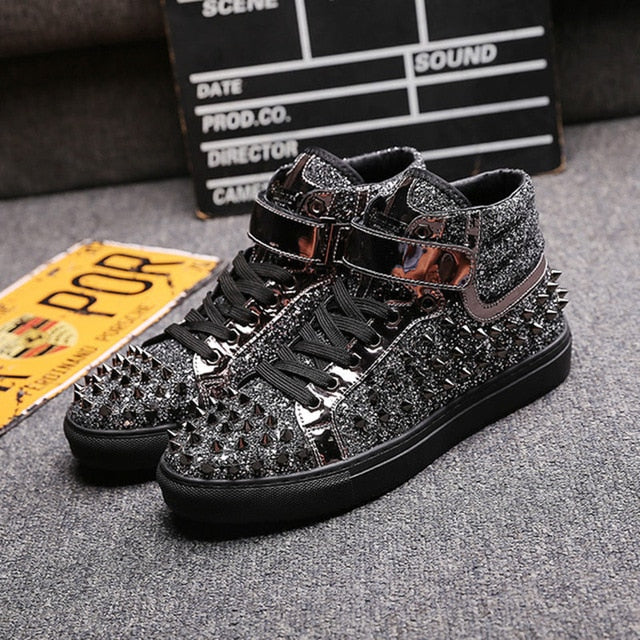 Black Silver PU Leather Rivets Men High Top Fashion Shoes