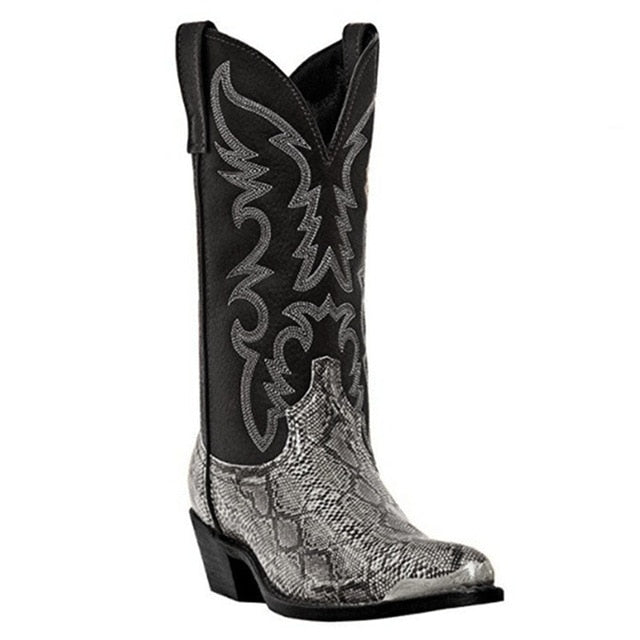 Embroidered Snake Printed Mid-Calf Boots